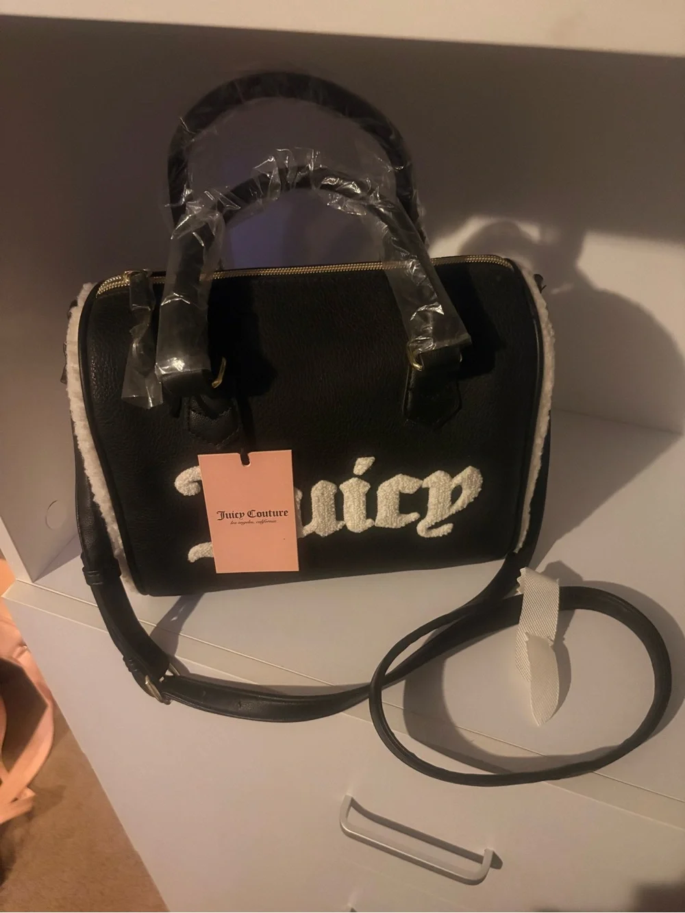 Juicy Couture Black Satchel with White Shearling 'Juicy' Logo